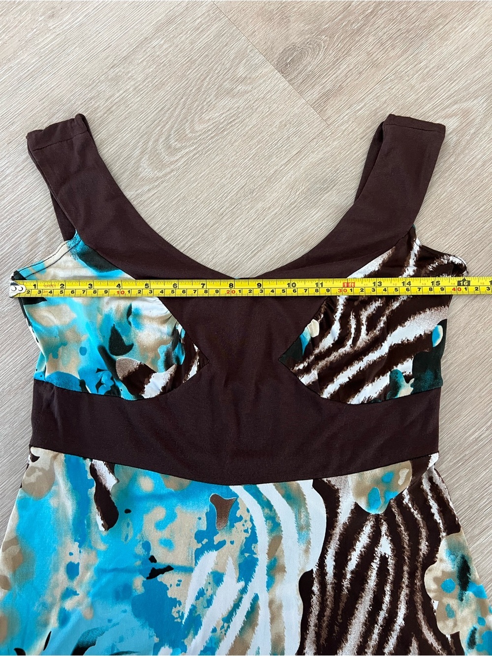 Y2K Lionkel Paris Sleeveless V-Neck Brown and Turquoise Printed Mini Dress - Picture 6 of 6